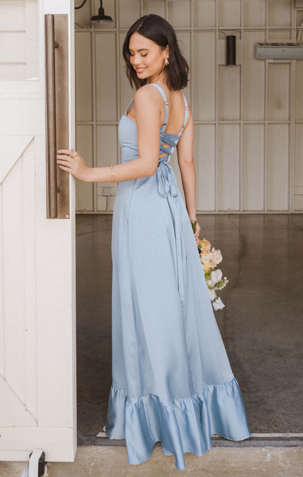Clarissa Corset Dress ~ Steel Blue Luxe Satin – Show Me Your Mumu