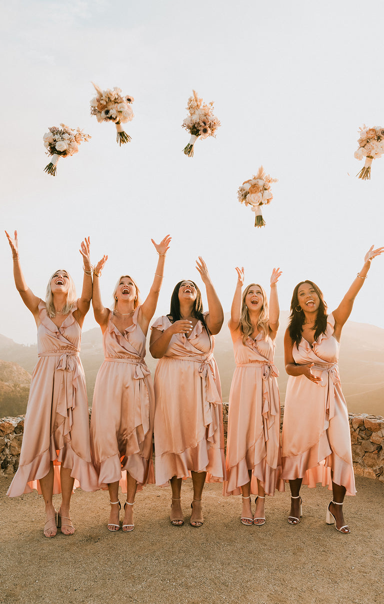 Samantha Ruffle Wrap Dress ~ Rose Gold Luxe Satin XS Samantha Ruffle Wrap Dress ~ Rose Gold Luxe Satin XS