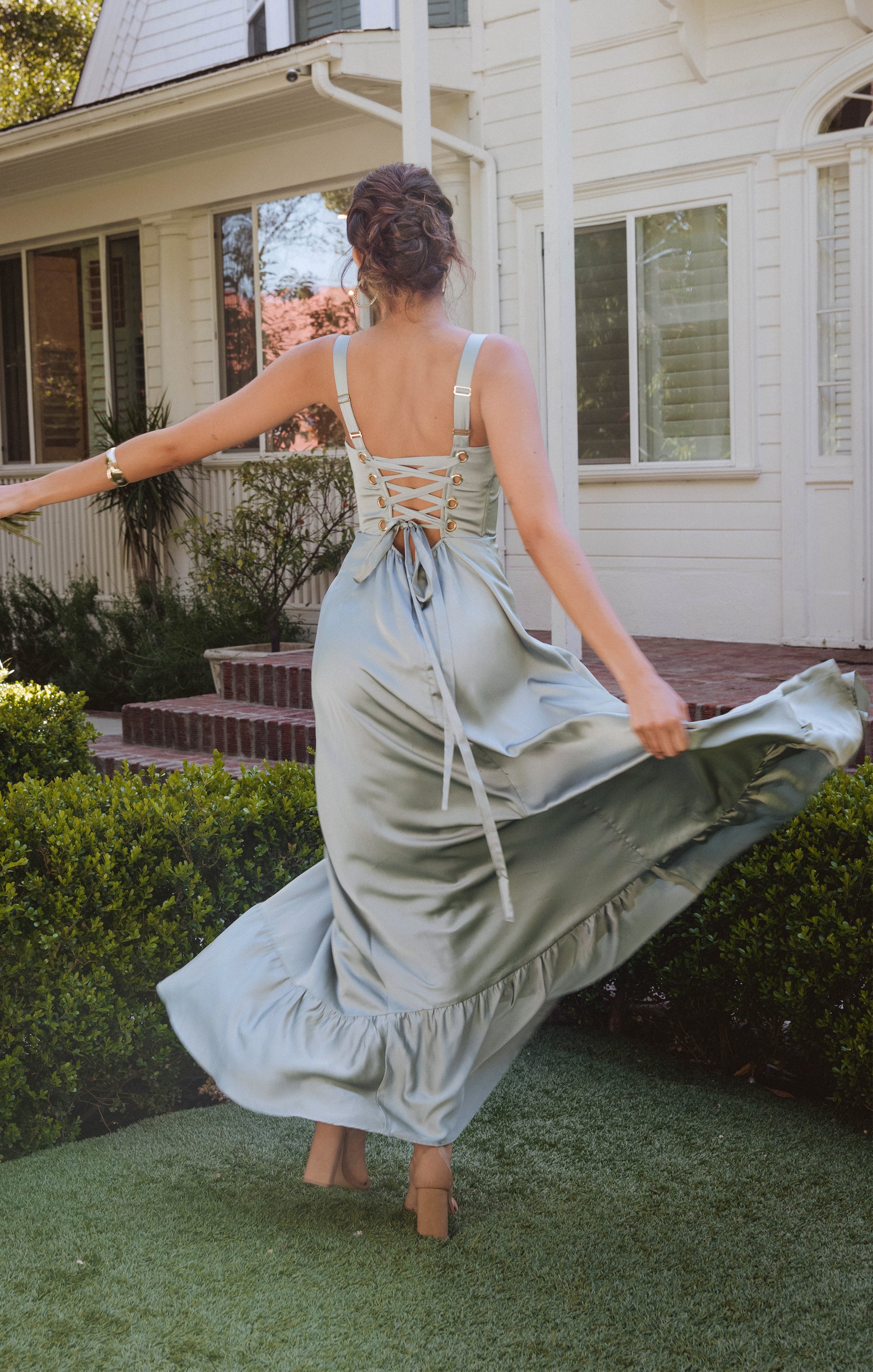 white christmas dresses Clarissa Corset Dress, in Silver Sage Luxe Satin, Size: 2XL | Show Me Your Mumu
