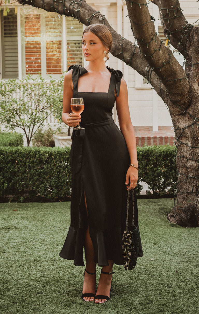 Claire Midi Dress, in Black Luxe Satin | Show Me Your Mumu | Bridesmaid Dresses & Wedding Attendee Dress Claire Midi Dress, in Black Luxe Satin | Show Me Your Mumu | Bridesmaid Dresses & Wedding Attendee Dress