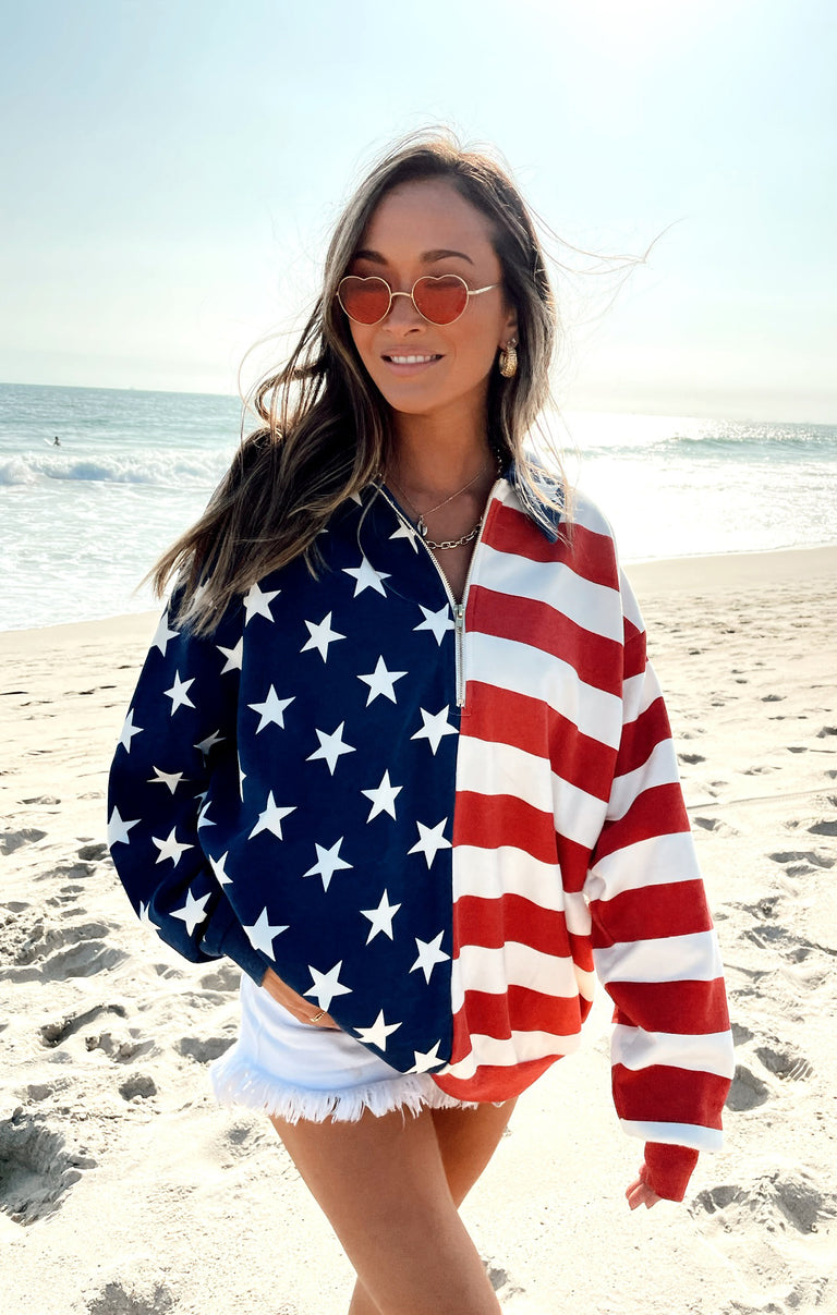 Ameri　UND LAYERED STADIUM JUMPER Benny Half Zip Sweatshirt ~ Flag Knit – Show Me Your Mumu