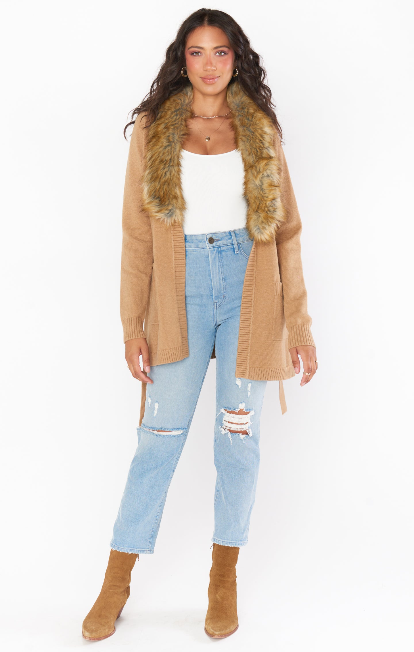 Cabin Cardigan ~ Camel Knit with Faux Fur