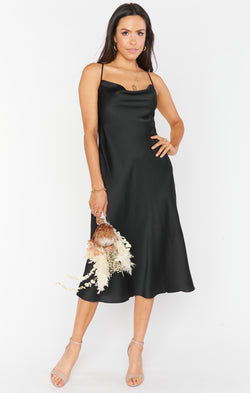 Verona Cowl Dress ~ Black Luxe Satin