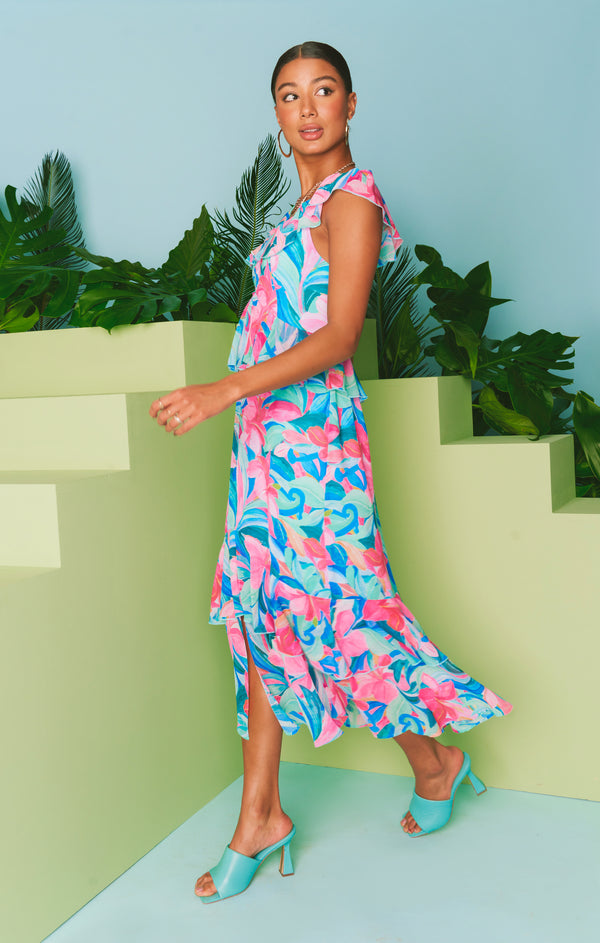 Reese Ruffle Dress ~ Hibiscus Punch Crinkle – Show Me Your Mumu