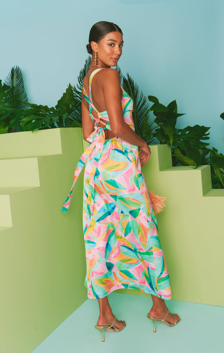 Mina Midi Dress, in Tropicana Burst Luxe Satin, Size: Small | Show Me Your Mumu | Wedding Attendee Dress
