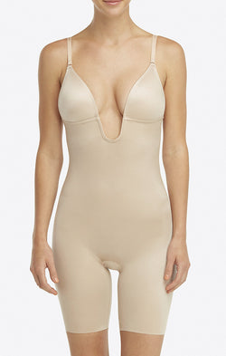 SPANX Suit Your Fancy Plunge Low-Back Mid-Thigh Bodysuit ~ Champagne Beige
