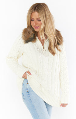 Sun Valley Pullover ~ Cream Cable Knit with Faux Fur
