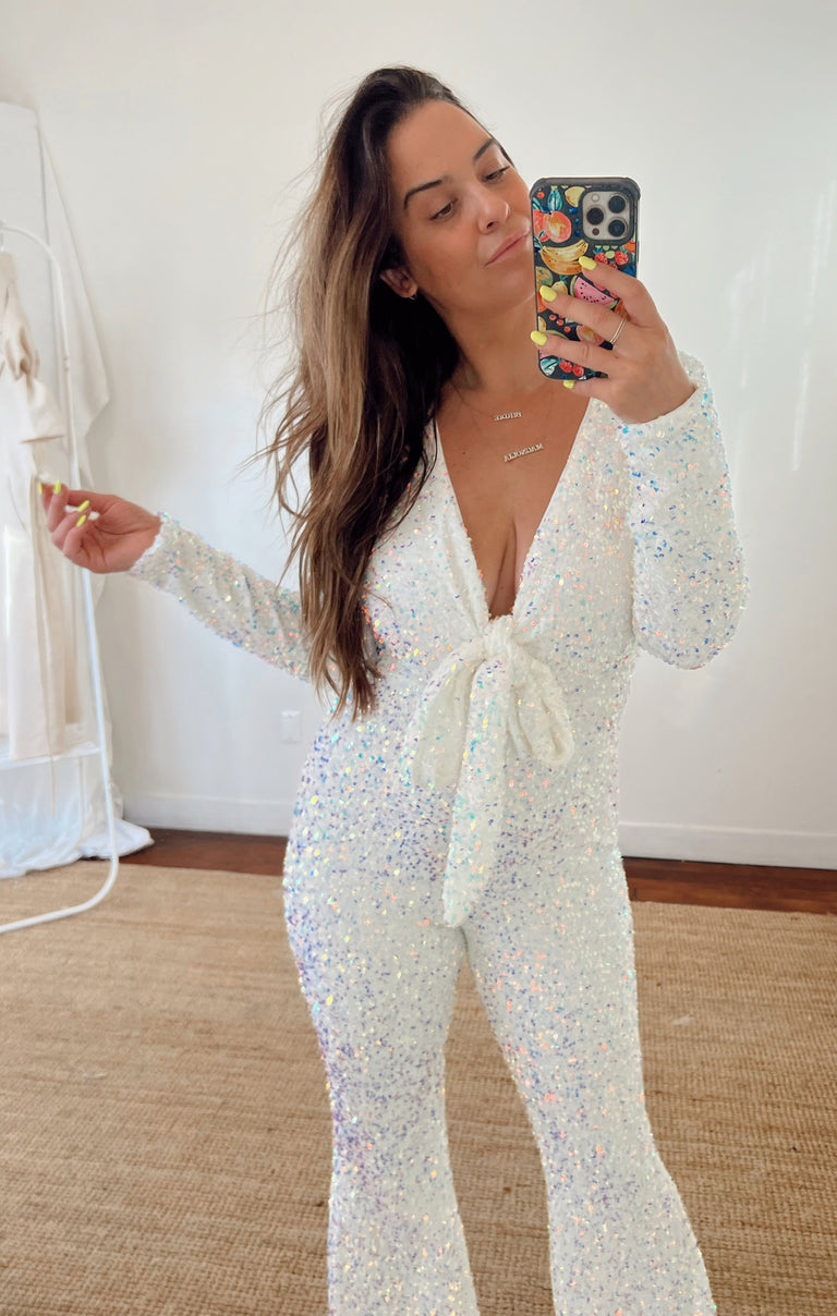 Martina Wrap Jumpsuit ~ White Sparkle Sequins