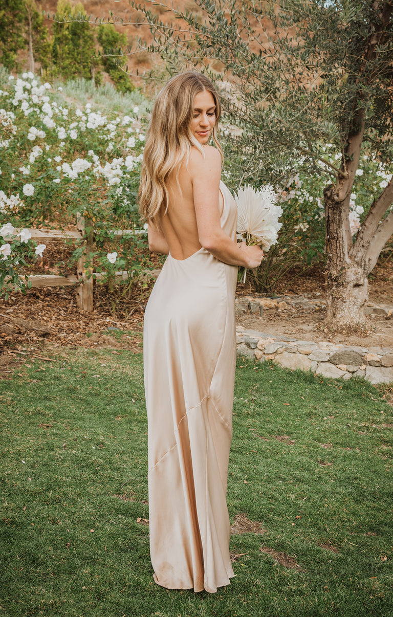 Jasmine Halter Maxi Dress ~ Champagne Luxe Satin L Jasmine Halter Maxi Dress ~ Champagne Luxe Satin L