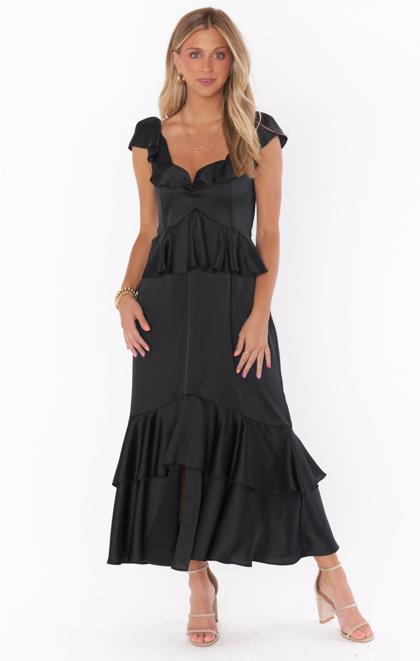 knee length dresses for ladies Reese Ruffle Dress ~ Black Luxe Satin – Show Me Your Mumu