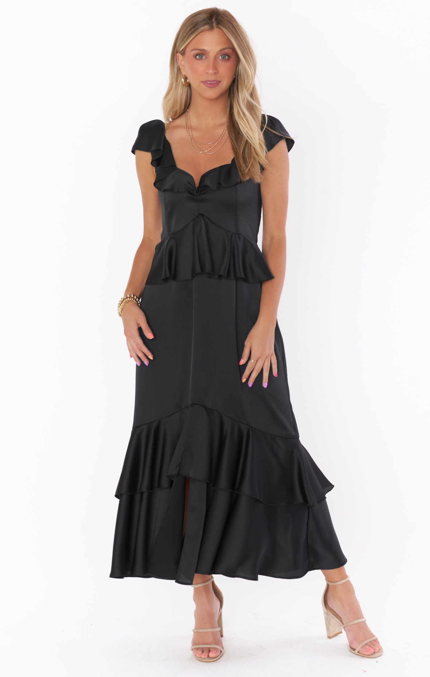 Reese Ruffle Dress ~ Black Luxe Satin