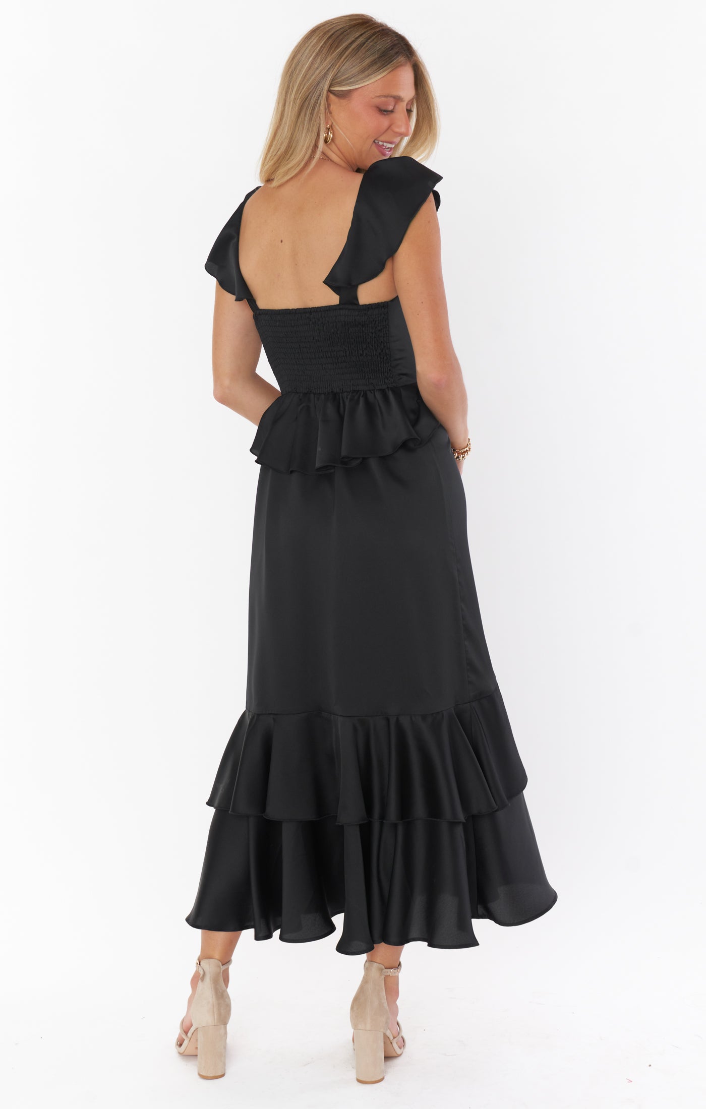 Reese Ruffle Dress ~ Black Luxe Satin  Show Me Your Mumu