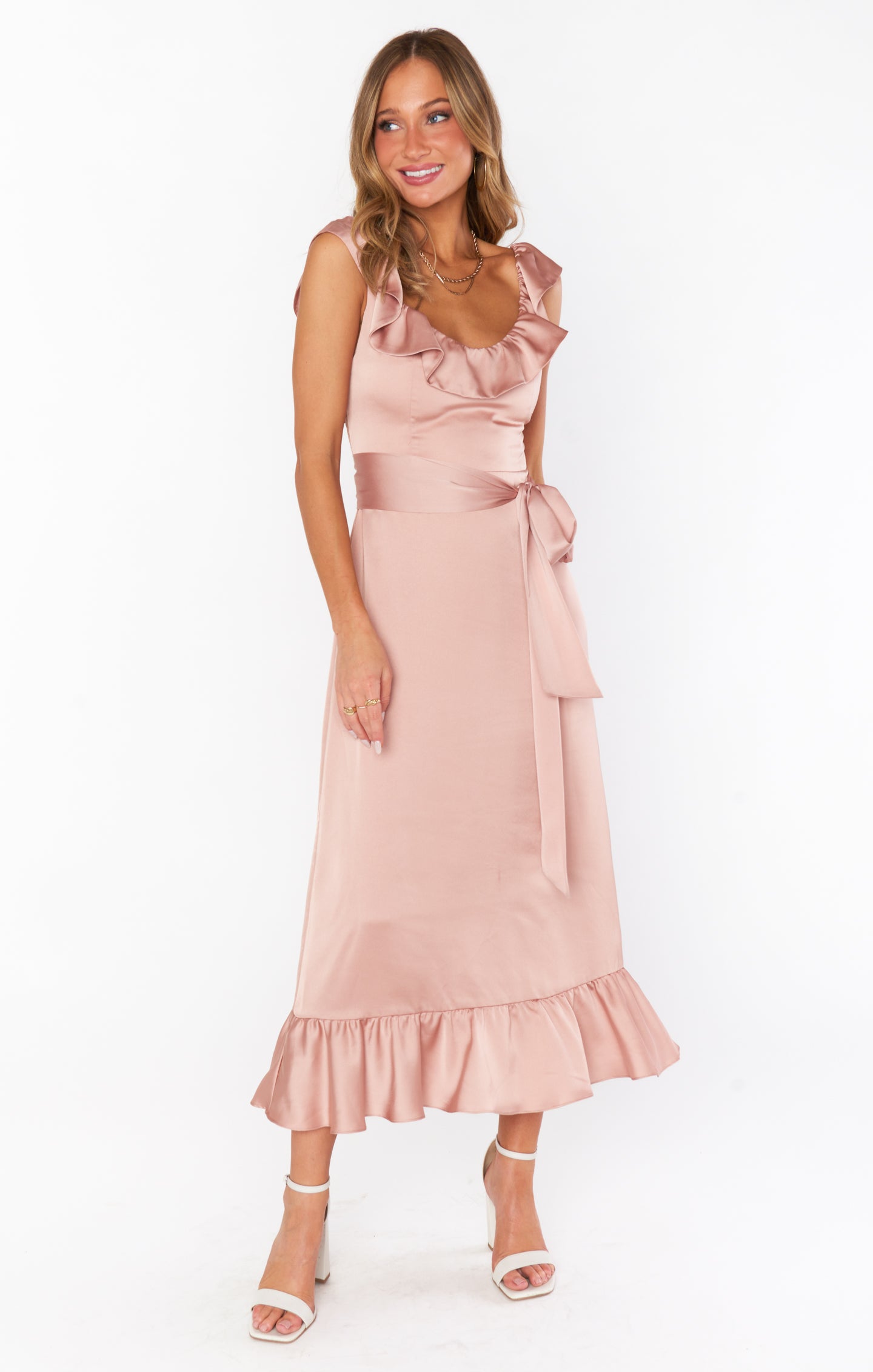 Alexis Midi Dress, in Rose Gold Luxe Satin, Size: Small | Show Me Your Mumu | Bridesmaid Dresses & Wedding Attendee Dress Alexis Midi Dress, in Rose Gold Luxe Satin, Size: Small | Show Me Your Mumu | Bridesmaid Dresses & Wedding Attendee Dress