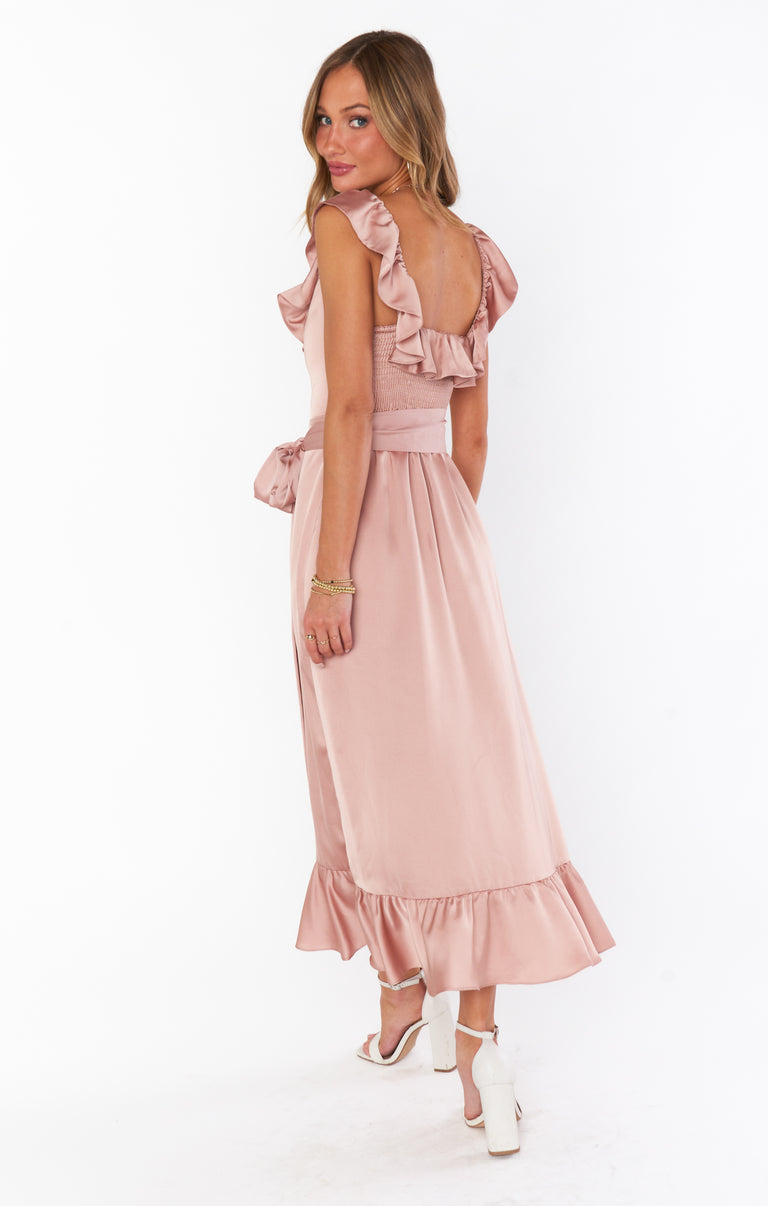 knee length dresses for ladies Alexis Midi Dress, in Rose Gold Luxe Satin, Size: Small | Show Me Your Mumu