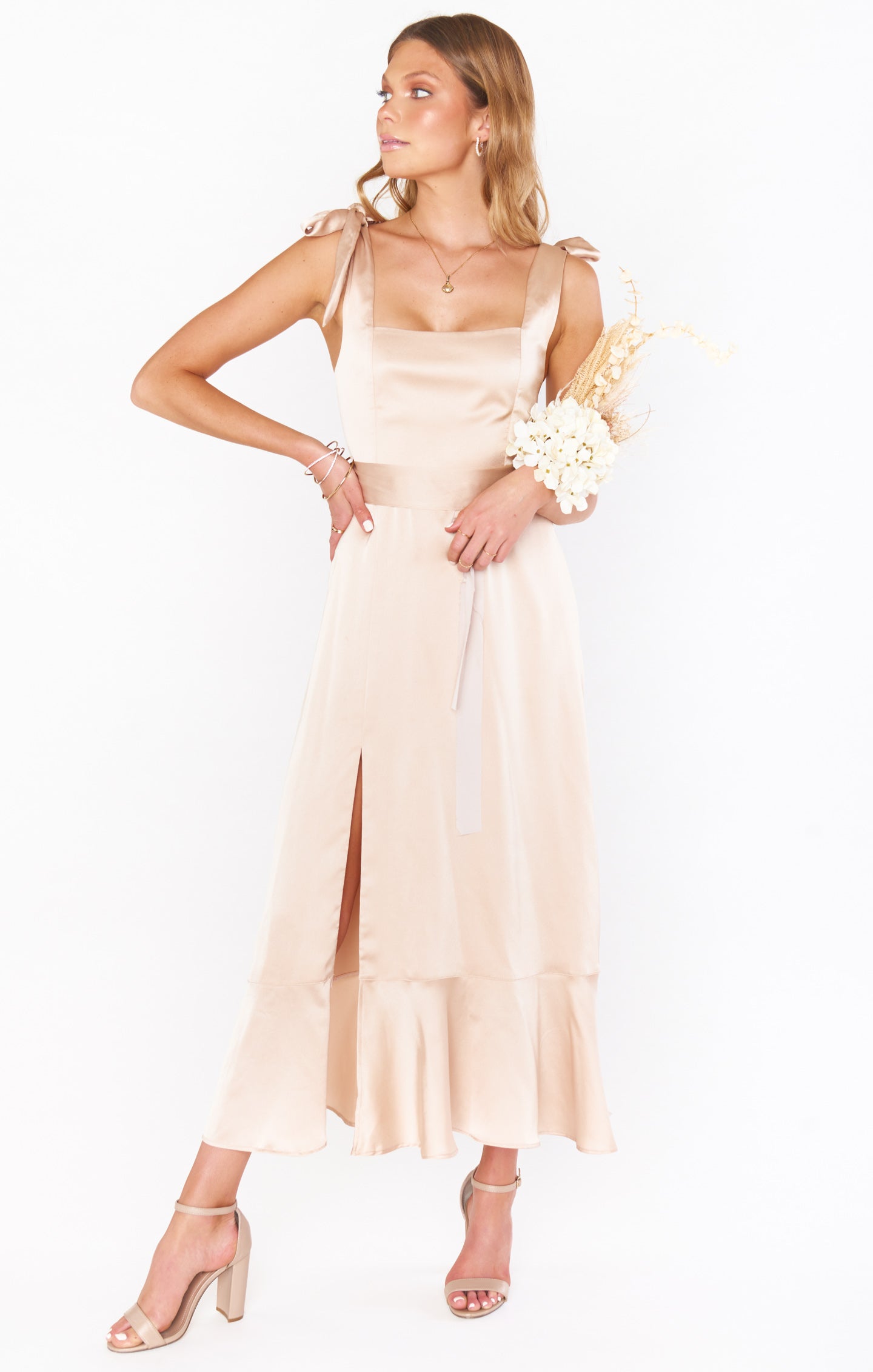 Champagne satin midi dress hotsell