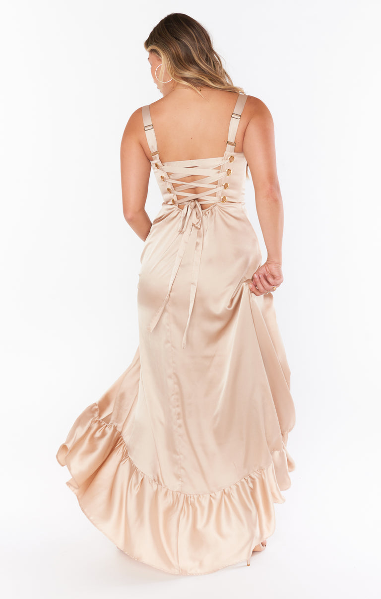 Clarissa Corset Dress, in Champagne Luxe Satin, Size: XL | Show Me Your Mumu