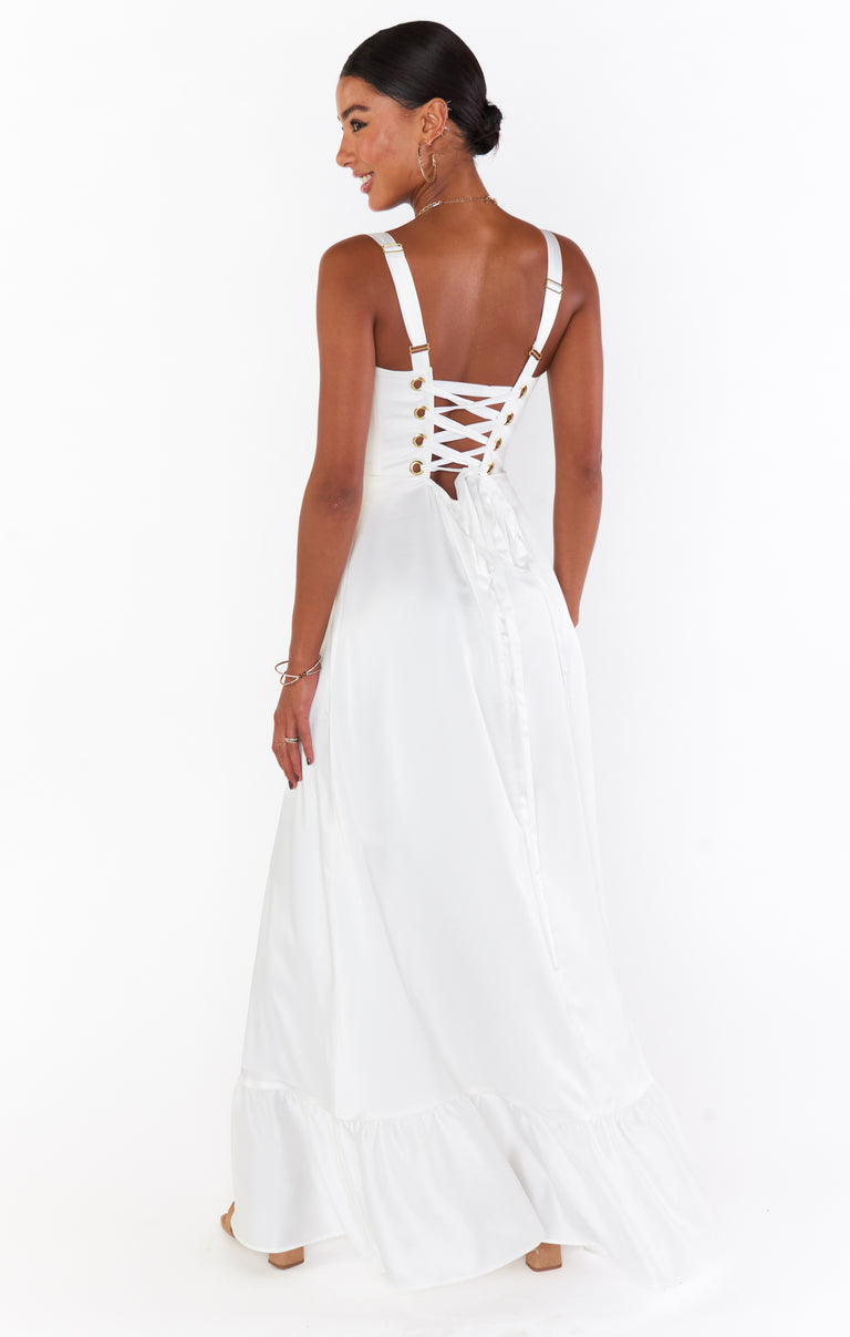 clarissa corset dress Clarissa Corset Dress, in Silver Sage Luxe Satin, Size: Large | Show Me Your Mumu