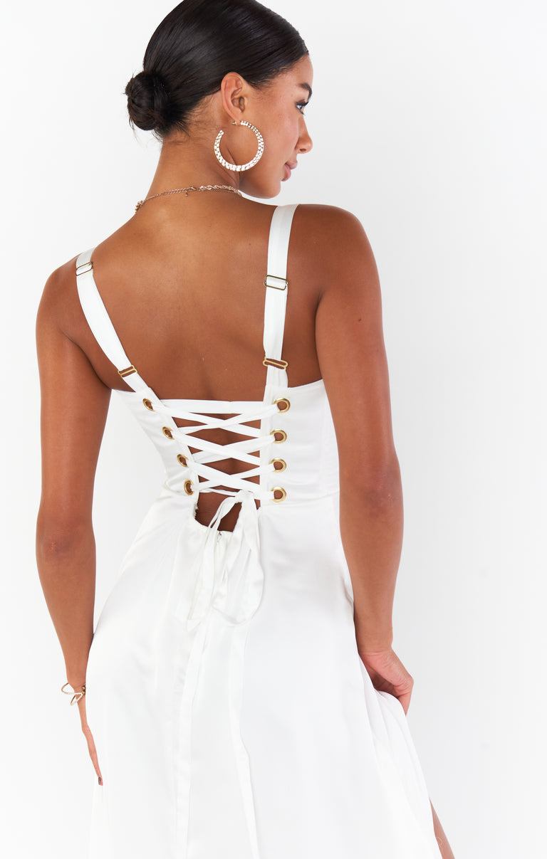 Clarissa Corset Dress, in Ivory Luxe Satin, Size: XL | Show Me Your Mumu