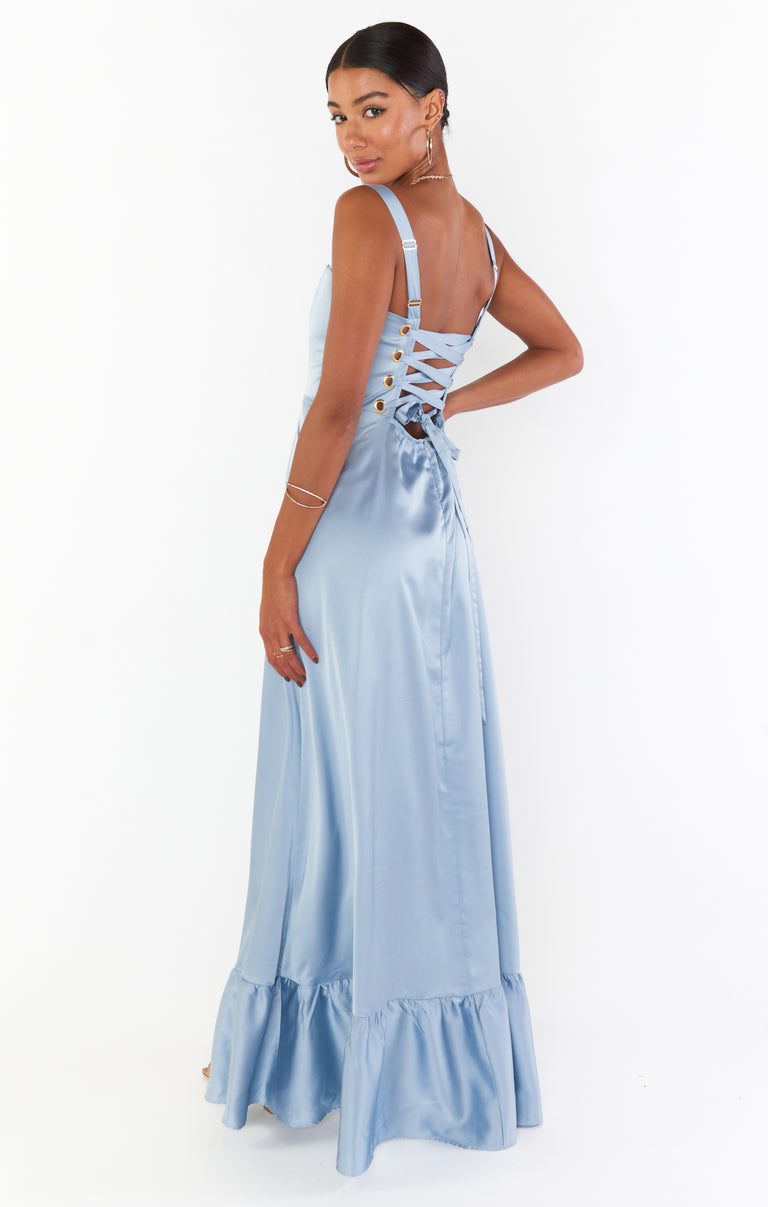 Clarissa Corset Dress, in Steel Blue Luxe Satin, Size: Medium | Show Me Your Mumu | Bridesmaid Dresses & Wedding Attendee Dress Clarissa Corset Dress, in Steel Blue Luxe Satin, Size: Medium | Show Me Your Mumu | Bridesmaid Dresses & Wedding Attendee Dress