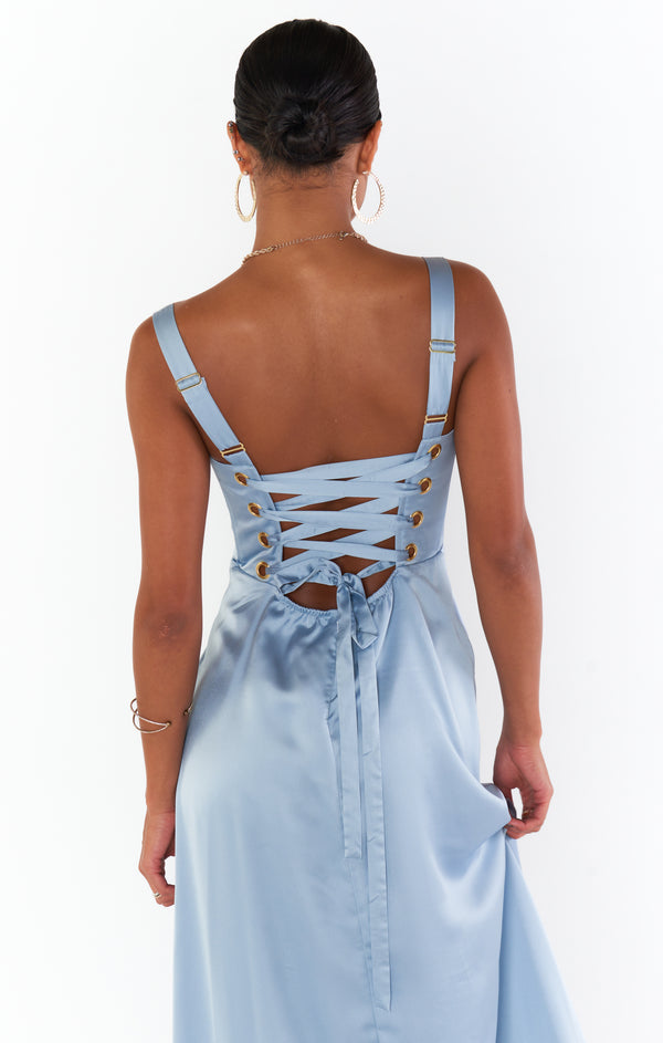 Clarissa Corset Dress ~ Steel Blue Luxe Satin – Show Me Your Mumu