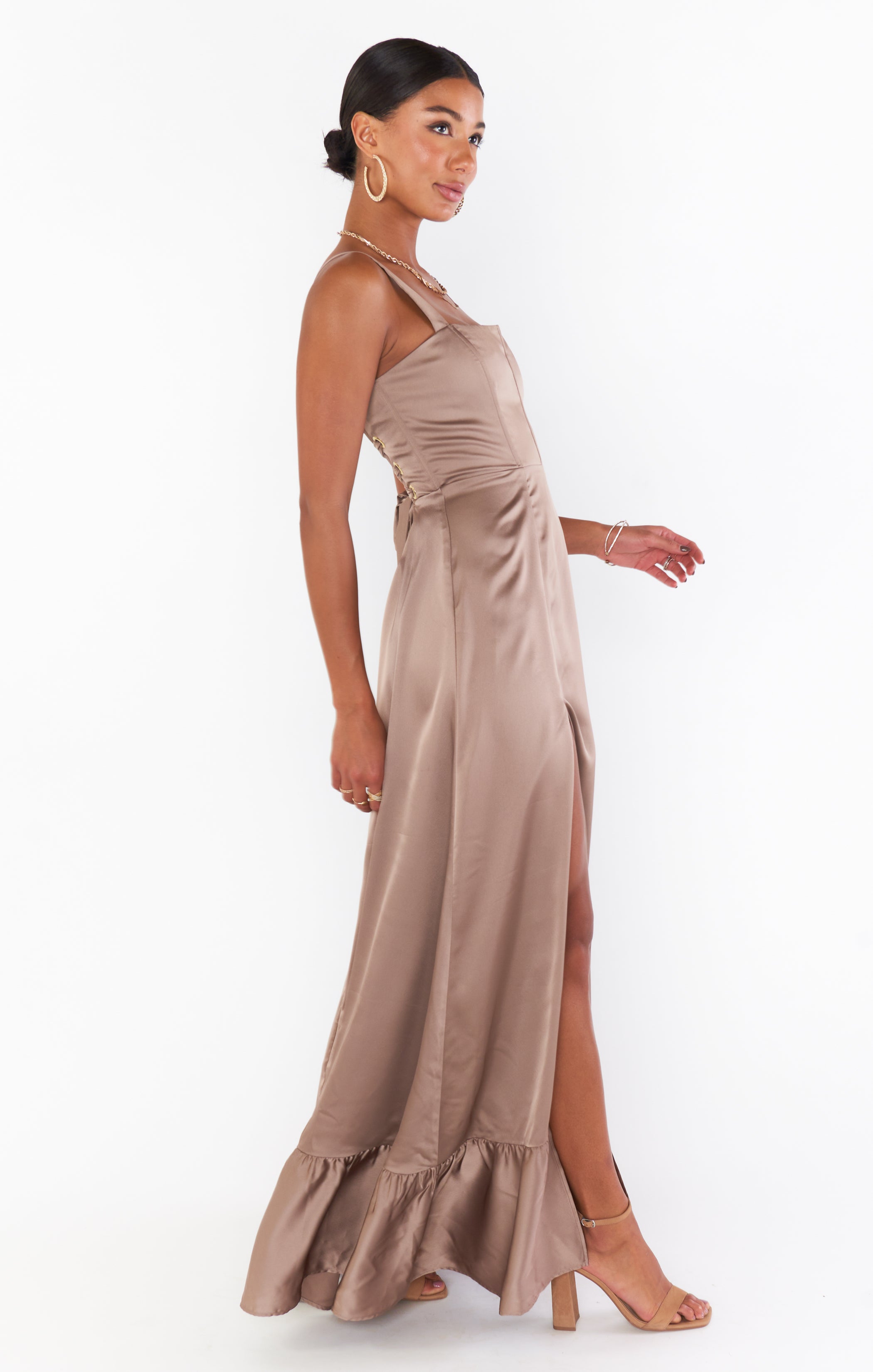 Clarissa Corset Dress, in Dune Luxe Satin, Size: Large | Show Me Your Mumu