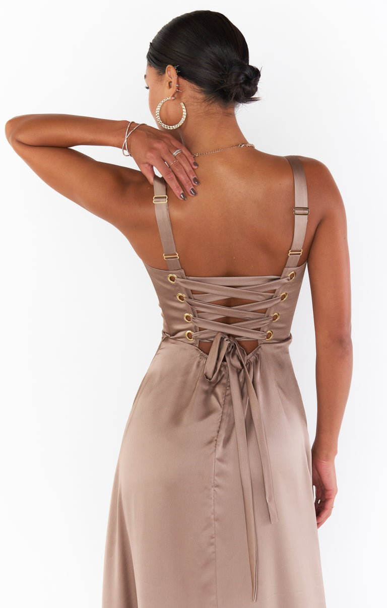 Clarissa Corset Dress ~ Dune Luxe Satin – Show Me Your Mumu