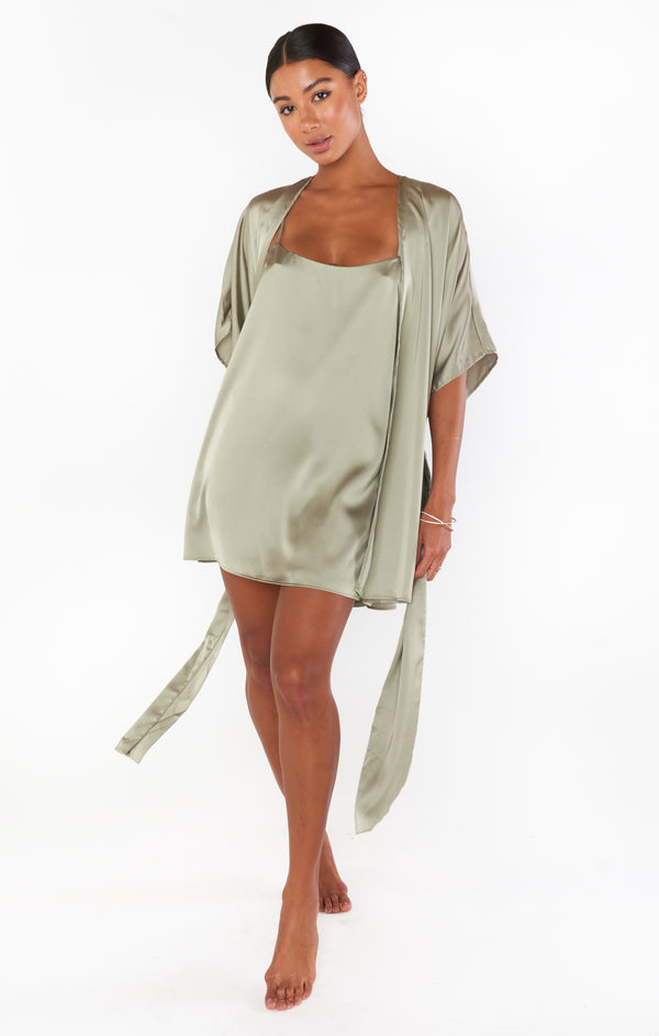 First Look Robe ~ Moss Green Luxe Satin – Show Me Your Mumu