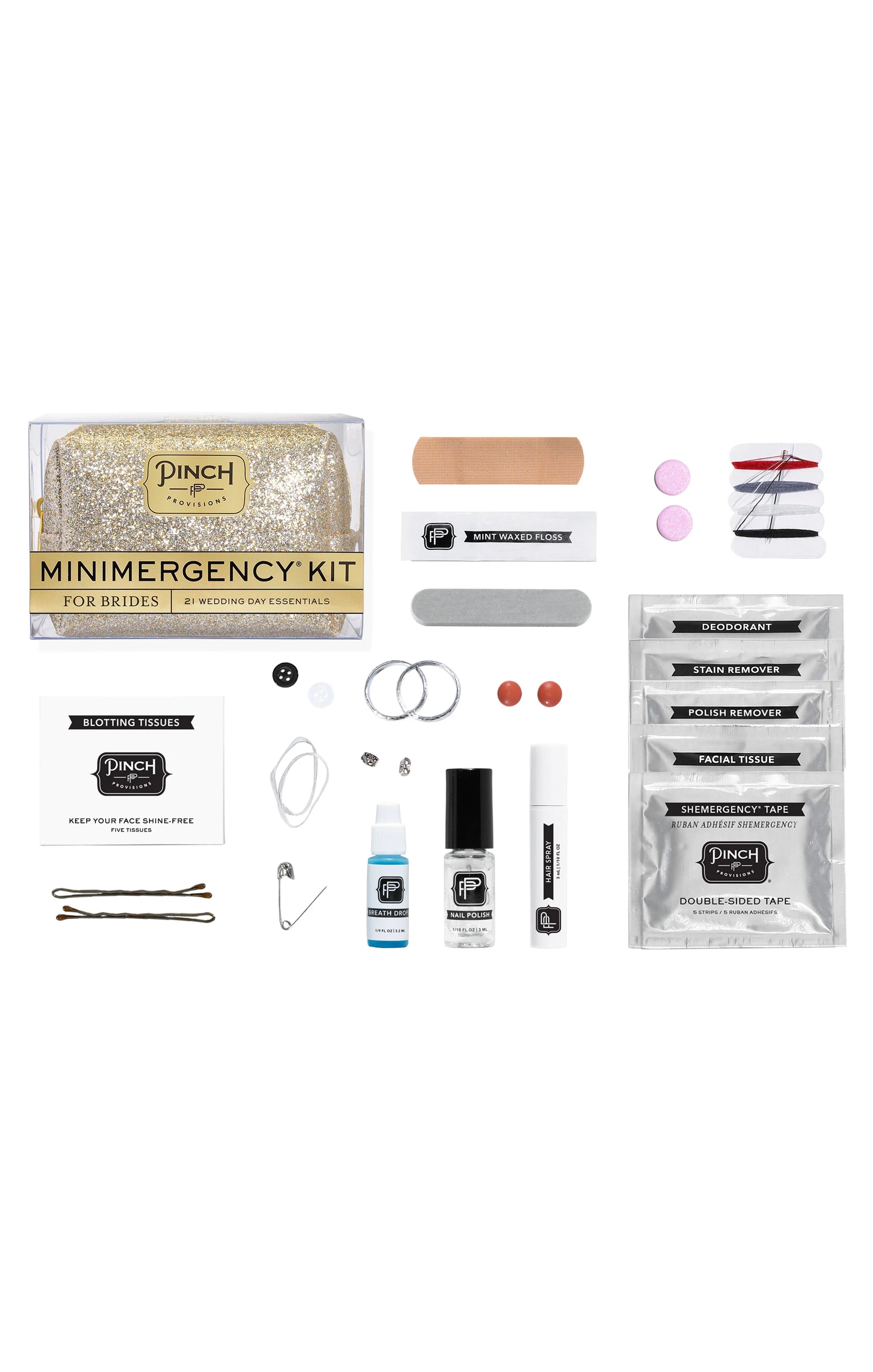 Pinch Provisions White and Gold Swirl Minimergency Kit for Brides, Includes  21 Must-Have Essential Items for The Big Day, Compact, Multi-Functional