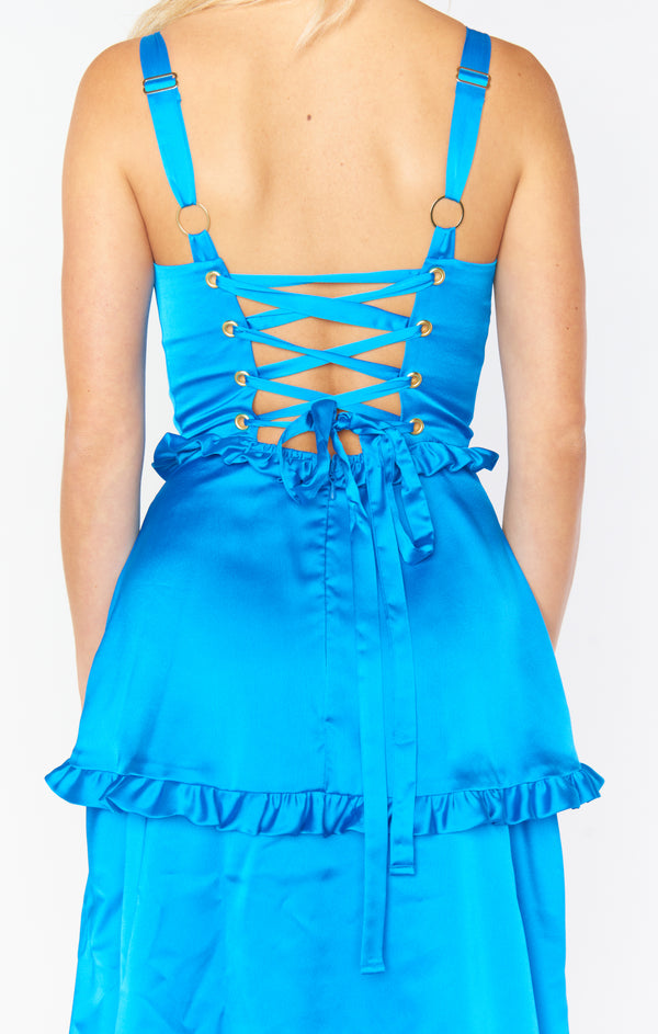 Lady Corset Dress Blue Luxe Satin Show Me Your Mumu