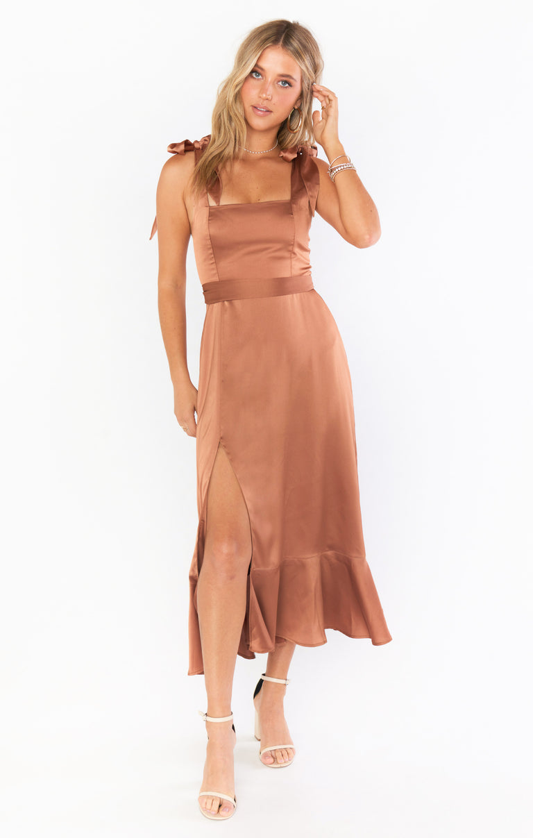 knee length dresses for ladies Claire Midi Dress, in Copper Luxe Satin | Show Me Your Mumu
