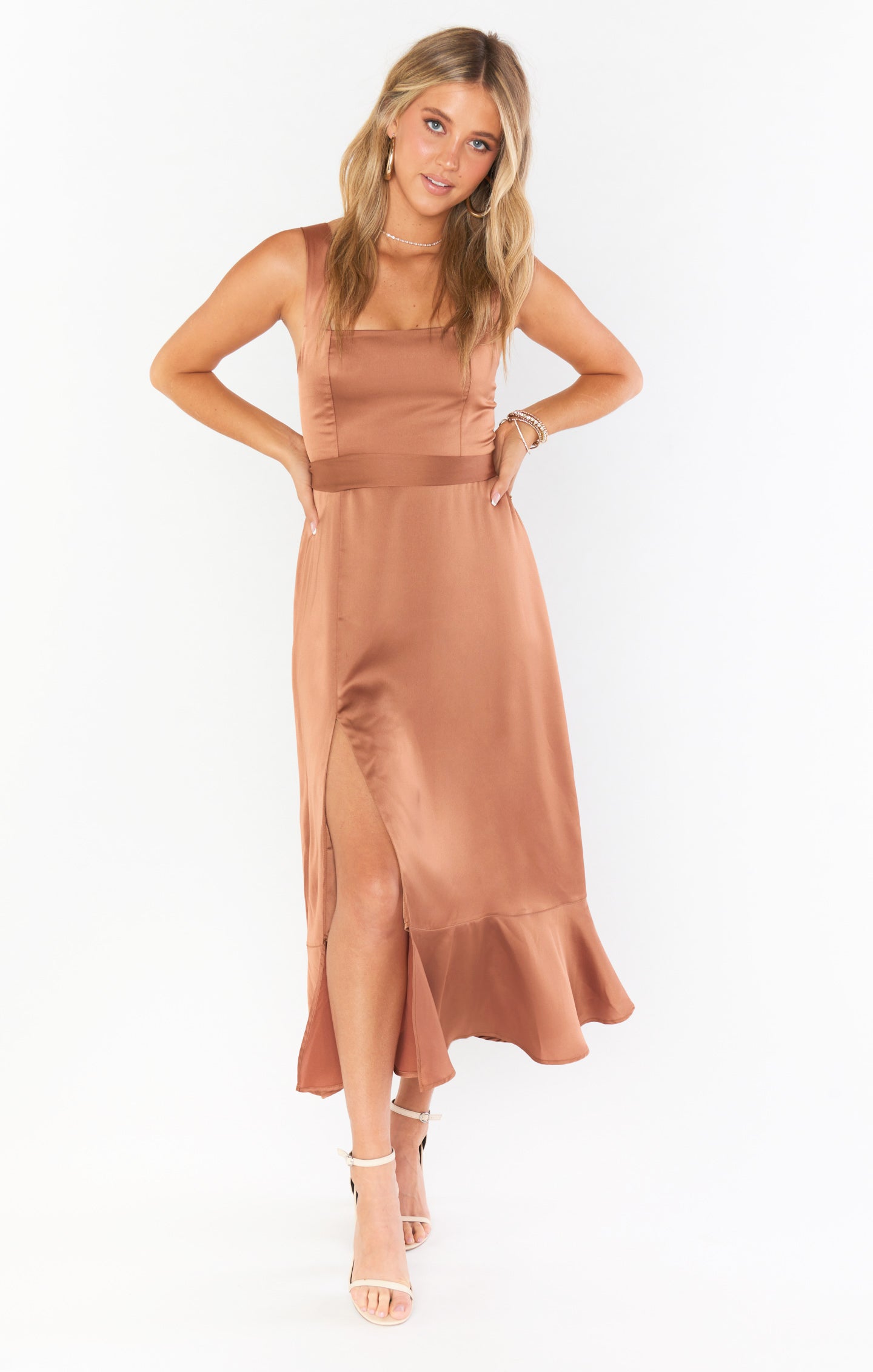 Show Me Your Mumu Claire Midi Dress Champagne good Luxe Satin S