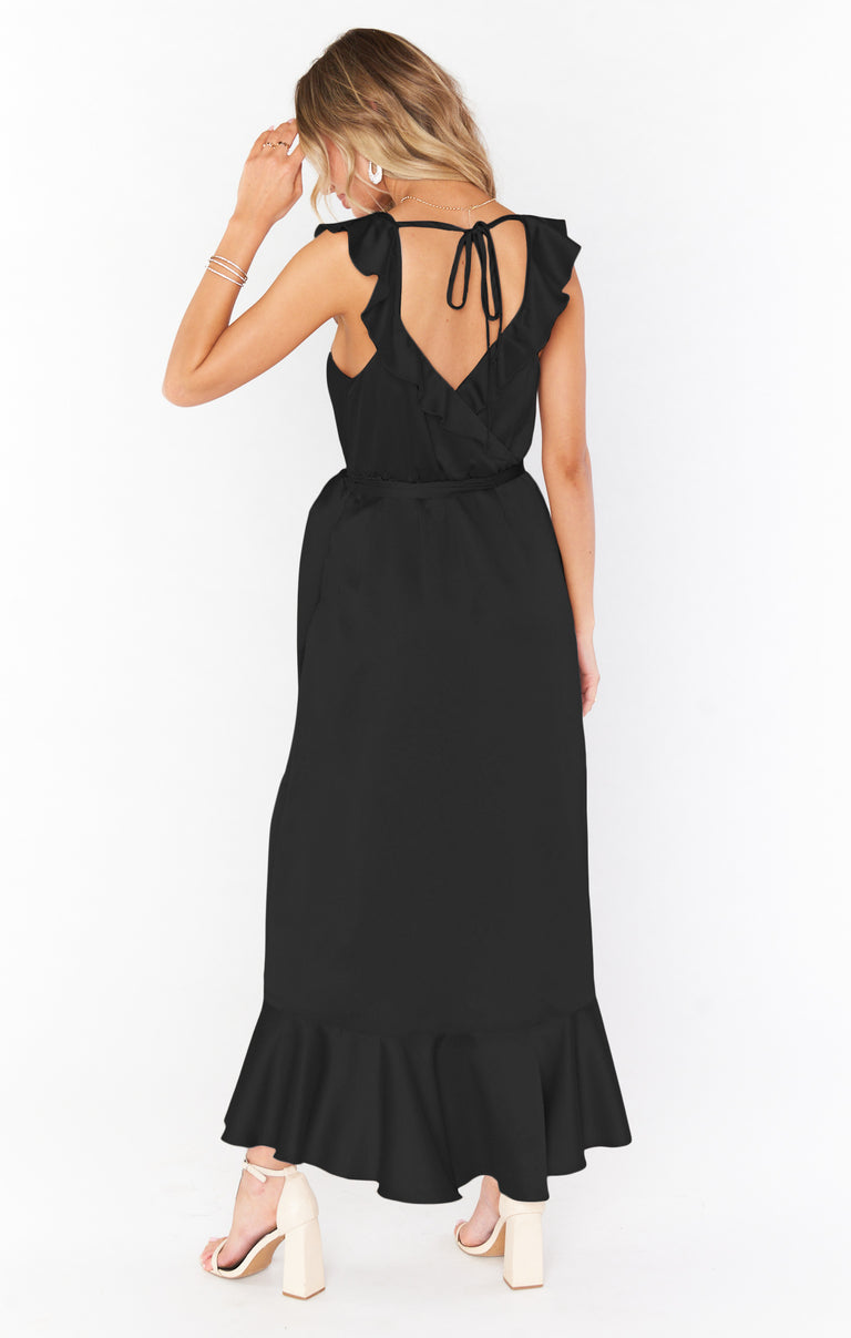 Samantha Ruffle Wrap Dress, in Black Luxe Satin, Size: Medium | Show Me Your Mumu