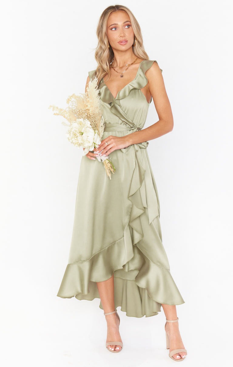 Samantha Ruffle Wrap Dress ~ Moss Green Luxe Satin Xs