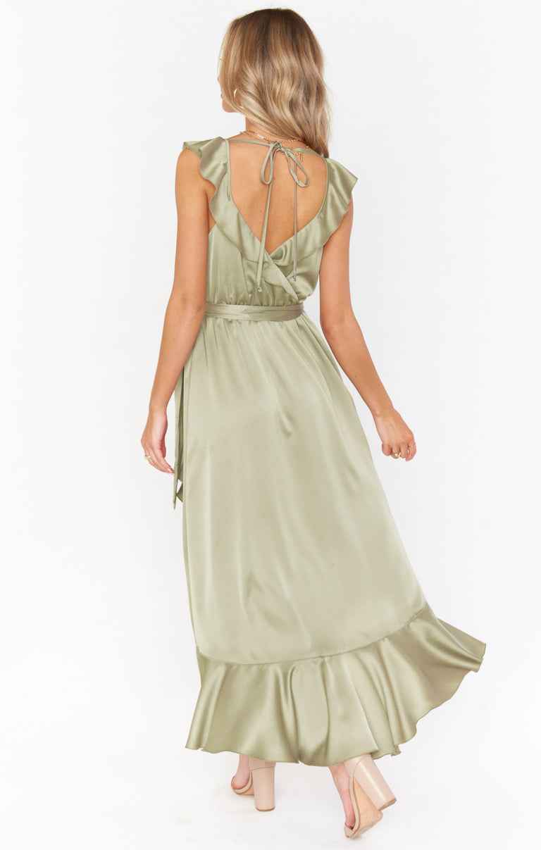 Samantha Ruffle Wrap Dress ~ Moss Green Luxe Satin – Show Me Your Mumu
