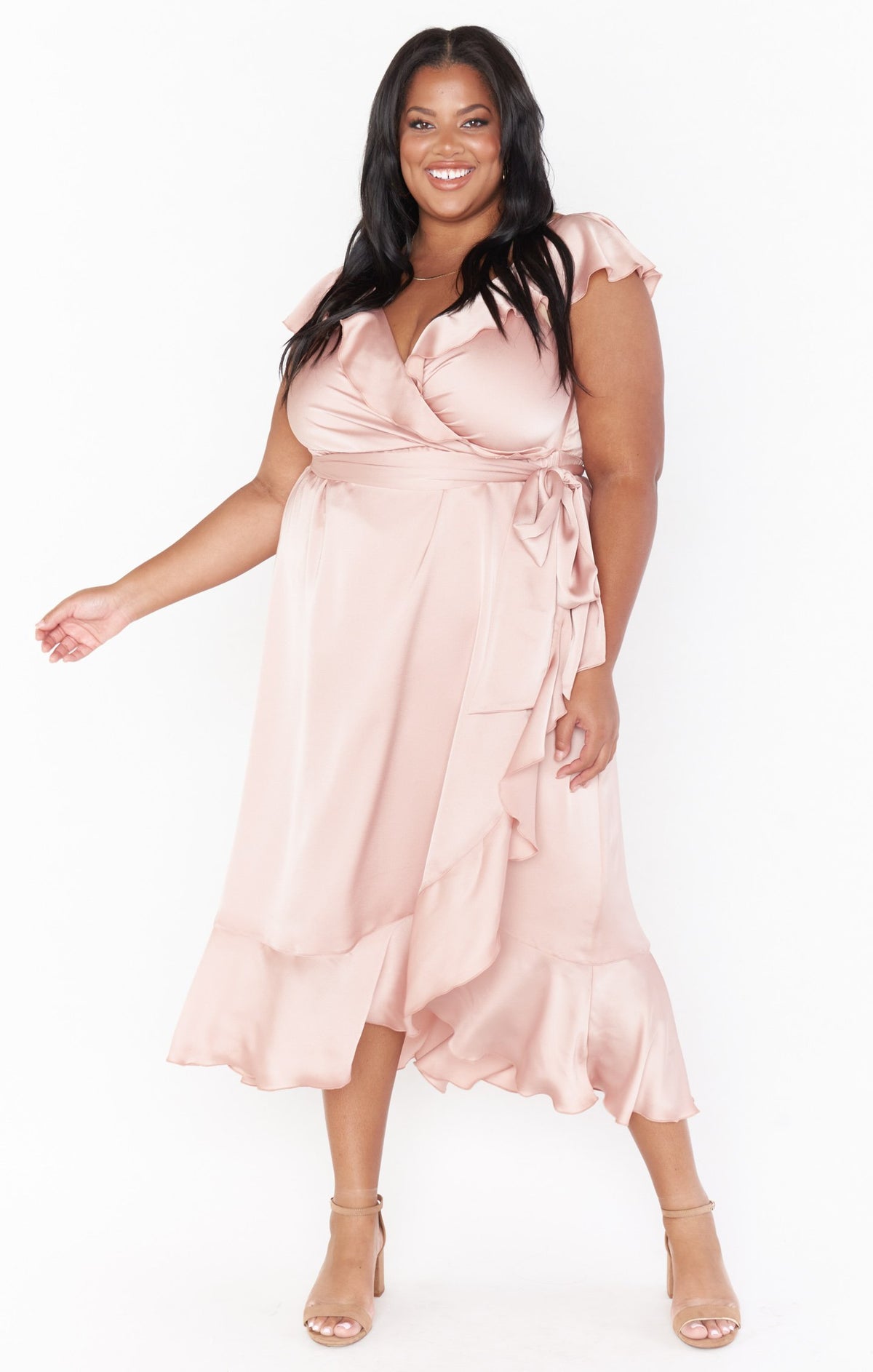 Samantha Ruffle Wrap Dress ~ Rose Gold Luxe Satin – Show Me Your Mumu display picture 1