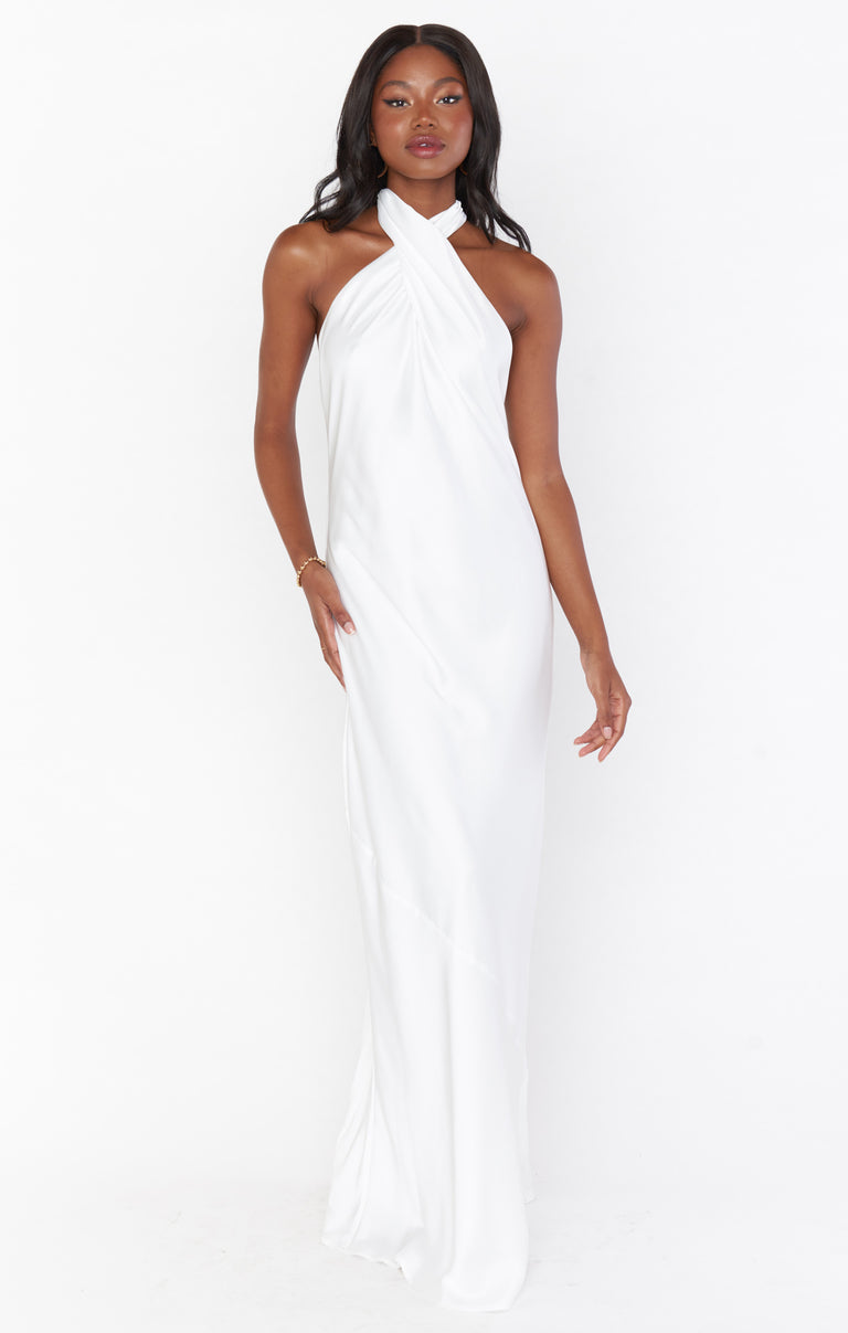 Show Me Your Mumu Jasmine Halter Maxi Dress Luxe Satin Ivory MD