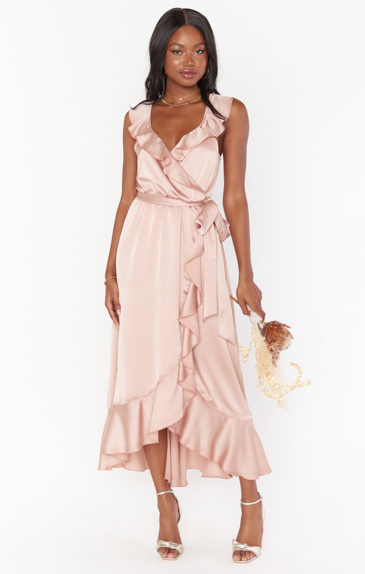 Samantha Ruffle Wrap Dress ~ Rose Gold Luxe Satin – Show Me Your Mumu