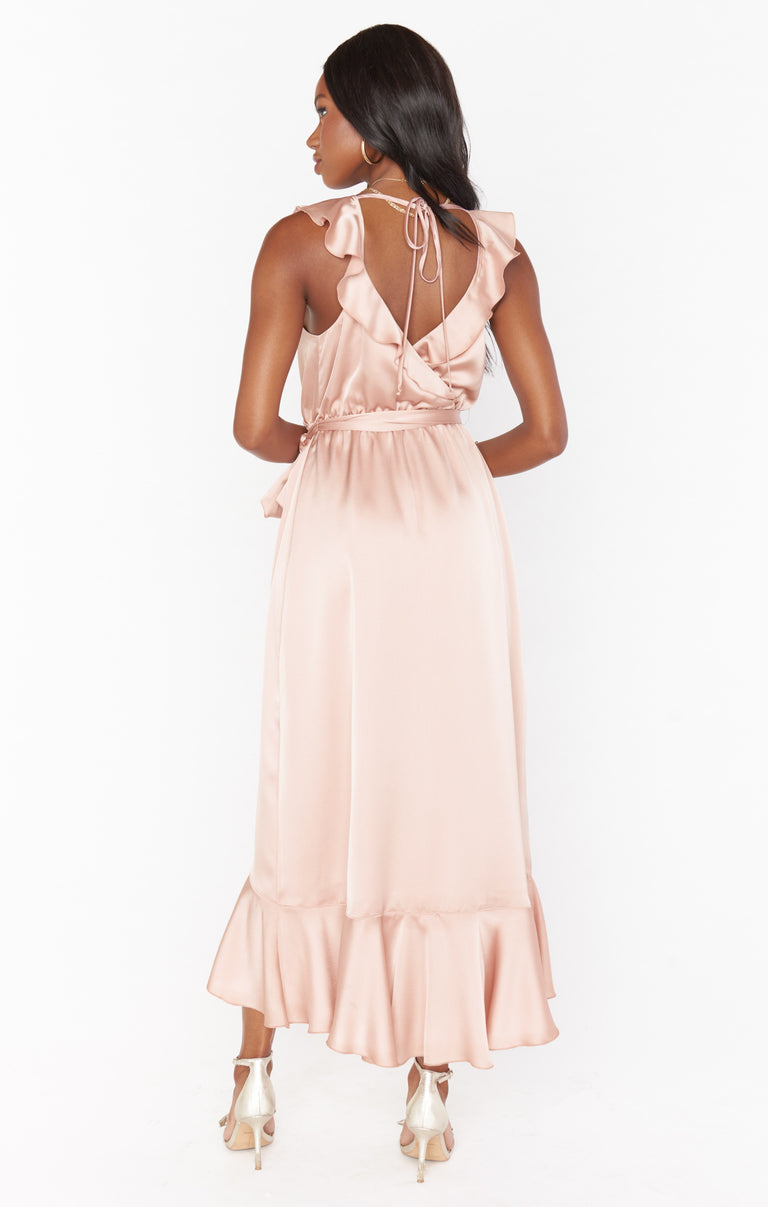 Samantha Ruffle Wrap Dress ~ Rose Gold Luxe Satin XS