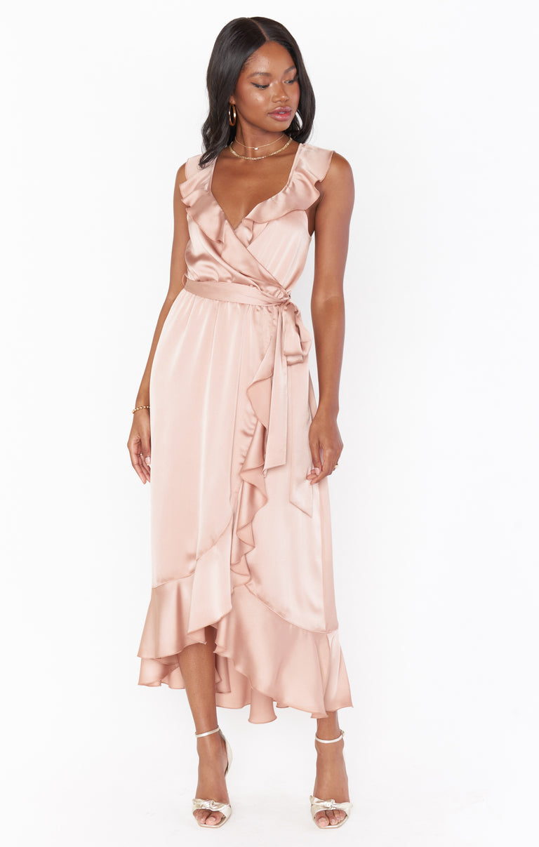 Samantha Ruffle Wrap Dress ~ Rose Gold Luxe Satin Xs